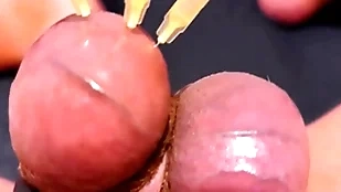 Testicle skewering cbt, edging & cumshot near 3 needles, precum & improbable hogwash