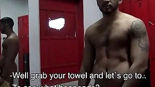 Intact latino bareback in gym shower
