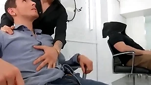Dark-haired hotties san bass & killiam wesker swap soiled blowjobs above someone's skin barber easy chair - for sure dudes