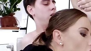 AC/DC office infant fucked nigh mmf 3some after bottomless gulf sucking